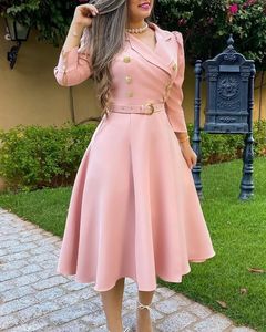 Puff sleeves double chest belt women's jacket dress 2022 elegant and high-quality A-line Midi Plain 231213