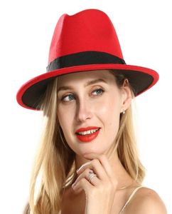 Mode Polyester Baumwolle Rot Schwarz Breite Krempe Fedora Hüte für Festival Frauen Damen Wollfilz Jazz Trilby Panama Karneval Hut1628567267039