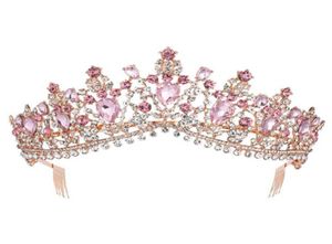 Barock Rose Gold Pink Crystal Bridal Tiara Crown med Cam Pageant Prom Veil Pannband Bröllop Hårtillbehör 2110064596840