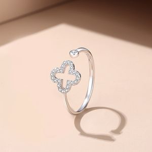 S925 Sterling Silver Sweet Hollow Clover Designer Rings Womens Girls Love Lovely Luxury Rose Gold Elegant Crystal cz Zircon Diamond Ring Jewelry