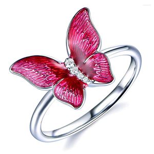 Clusterringe Schmetterling Rosa Emaille Zirkon Diamanten für Frauen Weißgold Silber Farbe Argent Schmuck Bijoux Mode Geburtstagsgeschenke