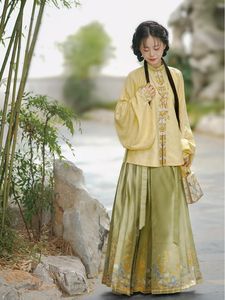 Ethnic Clothing Chinese Traditional Ma Mian Dress Green Ming Dynasty Hanfu Womens Flower Large sleeve Robe Horse Face Skirt Set Thin Clothes 231212