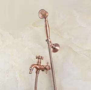Bathroom Sink Faucets Antique Red Copper Two Handles Cold Faucet Wall Mounted Laundry Garden Washing Machine Water Tap With Handshower