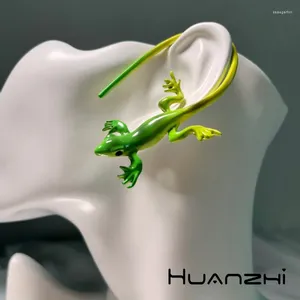 Stud Earrings HUANZHI INES Green Lizard Earhook Creative No Ear Piercing Animal Shape Jewelry For Women Men Exaggerated Unisex