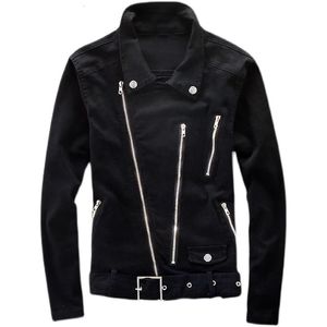 Mens Jackets Denim Jacket Multi Zipper Belt Motorcycle Jeans Coat Black Slim Punk Lapel Cowboy for Male 231212