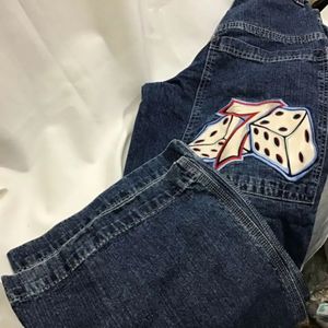 Jeans da donna Streetwear JNCO Y2K Hip Hop Numero 7 Dadi Ricamati Retro Tasca Blu Uomo a vita alta Larga 231213