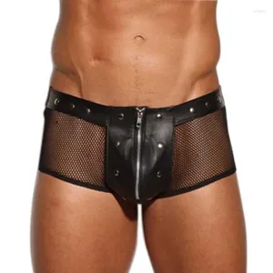 Underbyxor Herrens svarta faux läderboxare shorts män punk transparent fisknät underkläder zip öppen front underkläder gay trosor