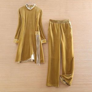 Roupas étnicas High-end Mulheres Veludo Tassel Set Vintage Bordado Casaco Top Calças Perna Larga Elegante Senhora Casual Terno S-XXL