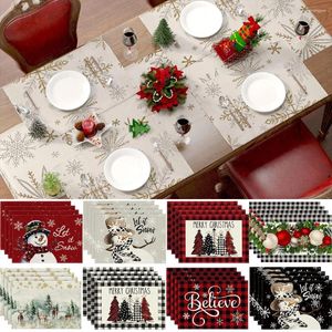 Tapetes de mesa 4pcs Linho Natal Placemat Xmas Boneco de Neve Impressão Tapete de Jantar Tigela Café Pad para Sala Cozinha