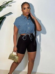 Coletes femininas Joskaa Blue Denim Cargo Vest Jaqueta Mulheres Hipster Lapela Sem Mangas Botão Up Cordão Crop Top 2023 Moda Outwear