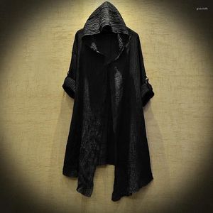 Men's Trench Coats Black Robe Translucent Linen Cloak Thin Men Gothic Long Coat Mysterious Dustcoat Cardigan Spring Summer