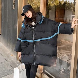 Casacos de Trench das Mulheres Moda Oversize Casaco de Algodão Preto Mulheres Jaqueta de Inverno Denim Emendado Solto Com Capuz Jaquetas Grosso Parkas Quentes