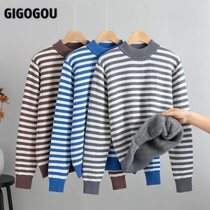 Suéteres masculinos Gigogo listrado designer fofo mulheres suéteres grosso pele quente inverno quente pulôver suéter aconchegante malha natal sweter jumper 231212