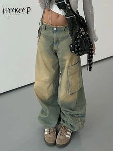 Kvinnors jeans Weekeep Baggy fickor Patchwork Vintage Streetwear Women Denim Trousers Grunge Y2K Loose Cargo Pants Korean Style Harajuku