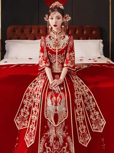 Ethnische Kleidung für Damen, Phoenix-Stickerei, Hochzeitskleid, elegantes Hochzeits-Toast-Cheongsam 231212
