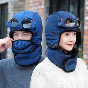 Trapper Hats Winter Bomber Hat with Glasses Masks Windproof Hood Pilot Russian Warm Earflap Cap Adult Balaclava Ski Caps 231213