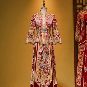 Roupas étnicas Yourqipao Chinês Xiuhe 2023 Vestido de Casamento Tradicional Cheongsam Brinde Antigo Custumes Pesado Frisado Vestidos De Noiva 231212