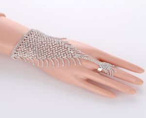 Slav Silver Hand Crystal Chain Ring Bridal Armband Bangle Rhinestone Hand Decoration Wedding Cuff Aatt Ring Set Gold4028342