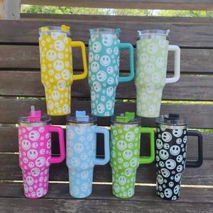 40oz Tumbler Designer Tumblers Smile Face Design Rostfritt stål med logotyphandtag Lock Straw Beer Mug Water Bottle Outdoor Camping Cup