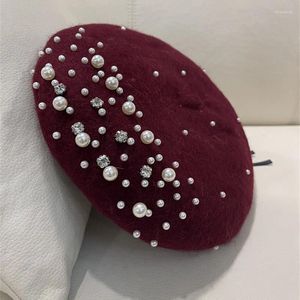 Berets Pérola Strass Lã Boina Feminino Pai-Filho Quente Outono e Inverno Versão Coreana do Chapéu de Pintor de Estilo Estrangeiro