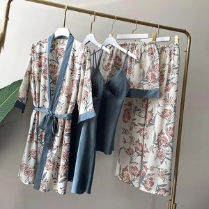 Womens sleepwear 5pc impressão pijama conjunto rendas quimono roupão vestido sono terno primavera verão seda cetim pijamas terno mulheres sleepwear lingerie 231213