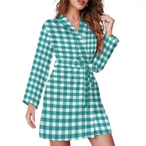 Indumenti da notte da donna Teal Percalle Pigiama Vestaglia Donna Retro Plaid Casual Camicia da notte allentata Maniche lunghe Scollo a V Pigiama personalizzato Vestaglie Autunno Carino