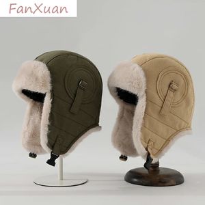 Trapper Hats Thick Fur for Men Fashion Pilot Cap Man Bomber with Earflaps Plush Winter Woman Cotton Russian Gorro 231213