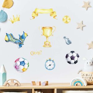 Watercolor Football Game Elements Prize Cup Soccer Wall Stickers for Kids Room Baby Nursery Room Wall Decals Play Room Decor Pvc