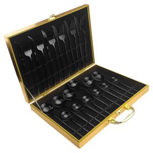 Zestawy naczyń stołowych 1624PCS Zestaw czarnych sztućców 304 STALIM STELLICE Nóż Fork Spoon Dink Kitchen Strepa Strale z pudełkiem prezentowym 231213