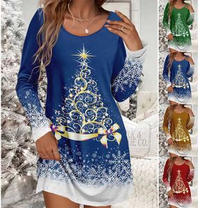 Urban Sexy Dresses Damenmode New Gold Edge Christmas Tree Print Rundhalsausschnitt Langarm Langes Kleid Lässiges Pendler-Knielanges Kleid XS-8XLL231213