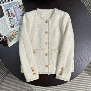 Women's Jackets Beige tweed long sleeved cardigan jacket female fall and winter Korean fashion temperament elegant round neck casual blouse 231213