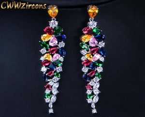 Cwwzircon Multi Color Flor Shape Declaração de zircônia cúbica Brincos longos e pendentes Jóias de festas de casamento de noiva CZ422 2207765425