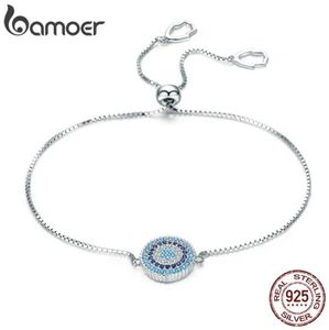 Bamoer 925 Sterling Silver Luxury Round Blue Lucky Eyes Power Bracelet Pave Pave CZ調整可能リンクチェーンブレスレットジュエリーSCB005 CX206960062