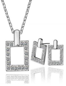 18K Platinum Plated Fashion Women Square Jewelry Sets Austrian Crystal Pendant Necklaces Stud Earrings for Women3831402