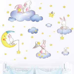 Hand-Paint Cartoon Bunny Rabbits On The Clouds Moon Sky Wall Stickers For Kids Room Baby Nursery Room Wall Decals Hemdekor PVC