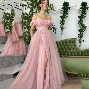 Luxus 3D Blumen hellrosa Prom Party Kleid 2024 Frauen vor der Schulter Hoch getretenes Abend Geburtstag formelle Kleid offener Boden Länge Arabisch Robe de Soiree