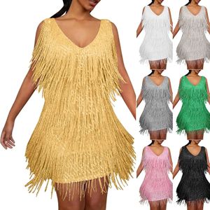 Sexy Tassels Sequin Cocktail Mini Dress Women's Sleeveless V-neck Robe Ball Dress Evening Dress Party Dress Vestidos 231213