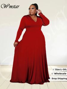 Basic Casual Dresses Wmstar Plus Size Party Women Clothing 2023 V Neck Long Sleeve Solid Loose Elegant Maxi Wholesale Drop 231213