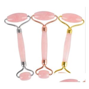 Konst och hantverk Naturligt tumlade chakra roskvartskytte Reiki Crystal Healing Gua Sha Beauty Roller Facial Massor Stick med Alloy G DHUB4