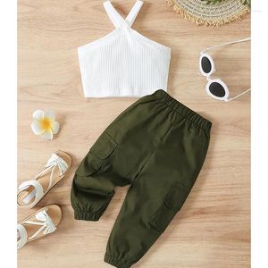 Clothing Sets Summer Girls' One Hand Cross Cut Hollow Hanging Neck Tank Top Work Pants Two Piece Set For Children's Wear