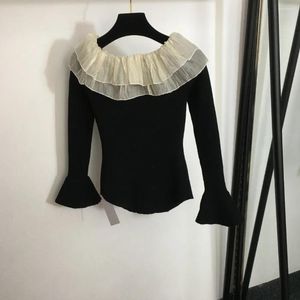 Kvinnors tröjor 2023 Hösten dubbelskikt Ruffled Bell Sleeve Sweater One Shoulder Top Tight Stretch Brand Quality