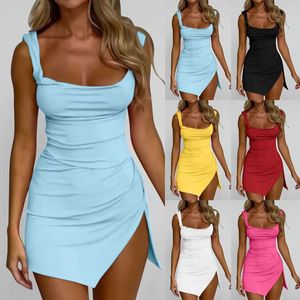 Casual Dresses European And American Spring Summer Women's Clothing Solid Color Sexy Square Neck Tie Backless Back Slim Slit