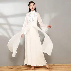 Abbigliamento etnico Abito cinese moderno bianco Manica lunga Colletto alla coreana Abiti Festa Abiti eleganti maxi orientali femminili 11235