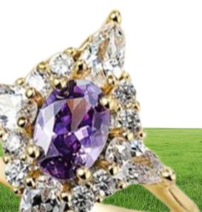 Fedi nuziali Elegante anello femminile in pietra di cristallo viola Vintage color oro giallo per le donne Piccolo fidanzamento ovale di lusso3300333