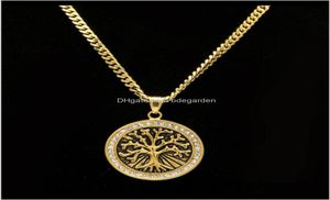 Necklaces Retro Tree Of Life Iced Out Cz Crystal Gold Plated Pendant Stainless Steel With 5Mm 27Inch Cuba Chain Necklace Fashion J6081169