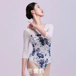 Scen Wear Printing Women's Middle Sleeve Ballet Dance Leotards V-Neck Lycra Simple Design Vuxen Dance Dwear Gymnastics Leotard