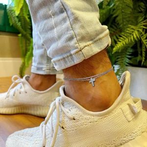 14K White Gold Mens Anklet With Cross Charm,Double Chain,Gift For Boyfriend,Mans Ankles Bracelet,Christian Catholic Jewelry