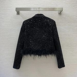 Women's Jackets Shimmery Sequin Braided Hem Trim Lapel Short Coat