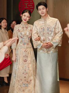 Ethnic Clothing Traditional for Women Champagne Xiuhe Bride Wedding Dress Eleganct Gold Chinese Top Toast Set Female Groom Tang Suit 231212