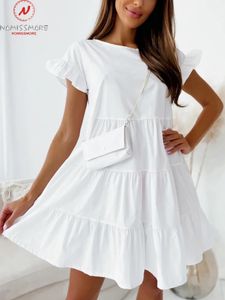 Fashionable Women's Summer Solid Color A-Line Dress Splicing Work Design O-Neck Kort ärm Löst midja blommig miniklänning 231213